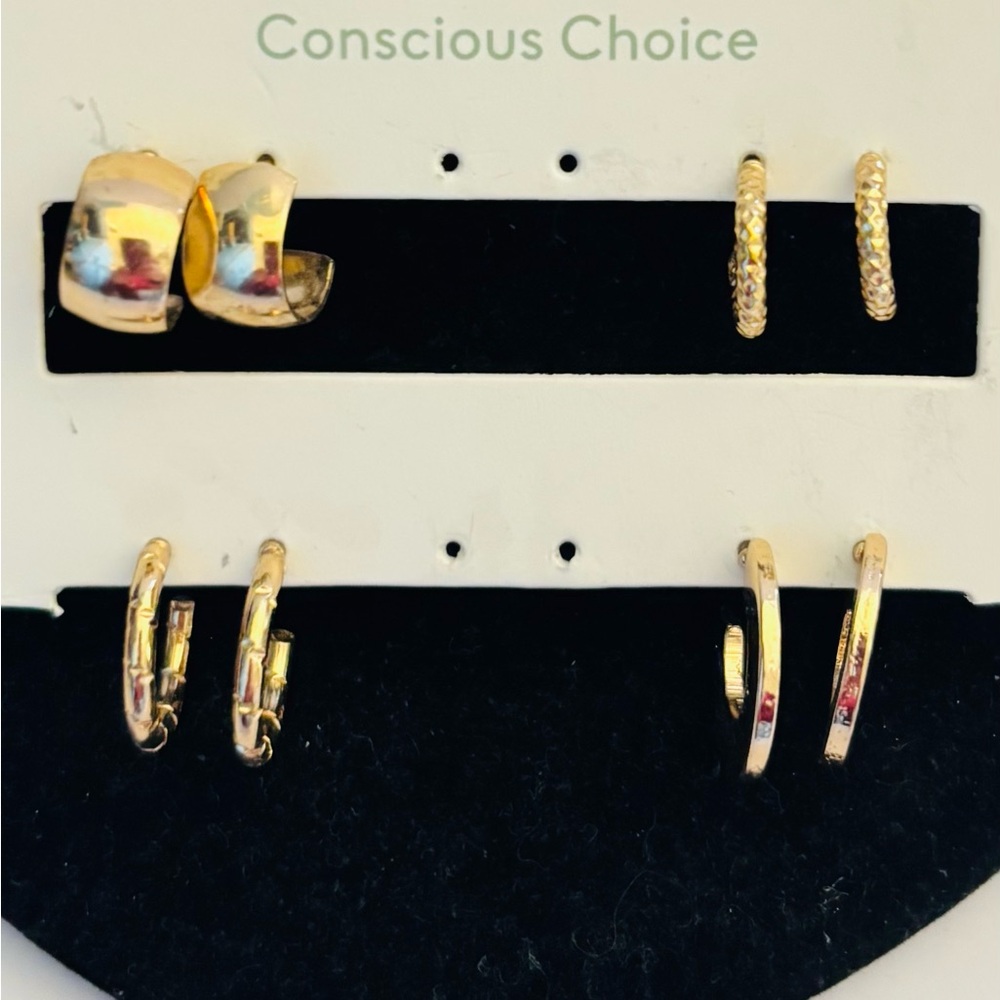 Gold Tone Hoop Earrings Set 4 pair Danity Cute Classic Jewelry Elegant NWOT